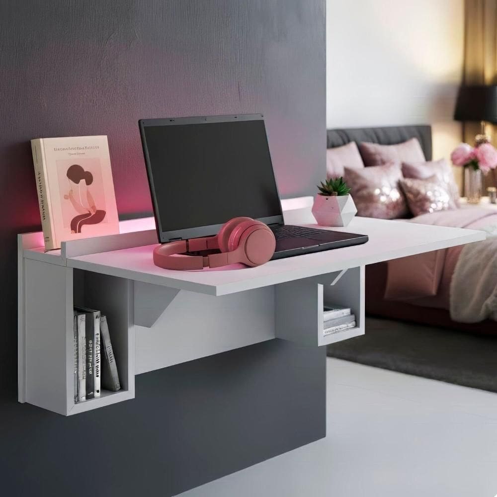 Escrivaninha Mesa Dobrável com Nichos com Led Neon Branco