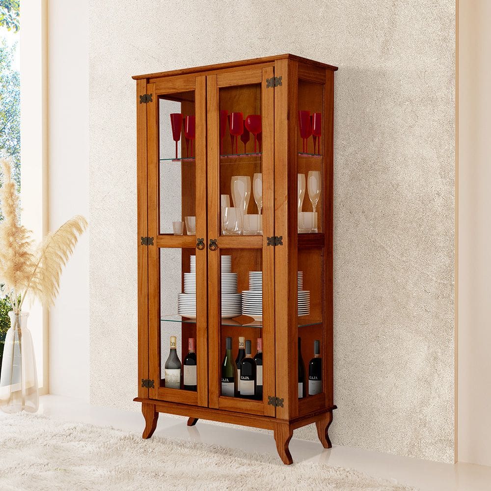 Cristaleira de Madeira Antiga com 2 Portas de Vidro Bella Lunna Castanho