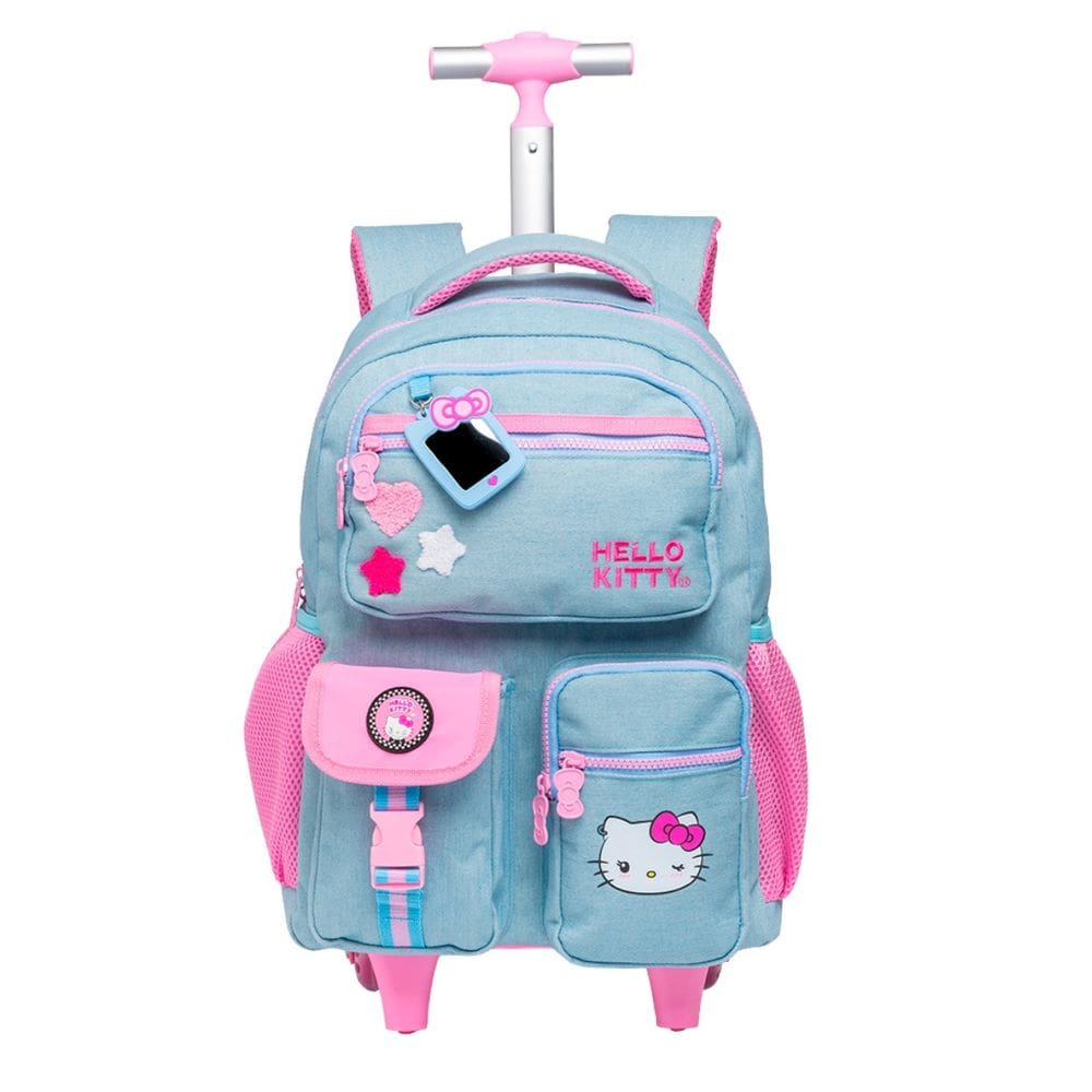 Mochila Escolar de Rodas Hello Kitty Jeans Juvenil Meninas