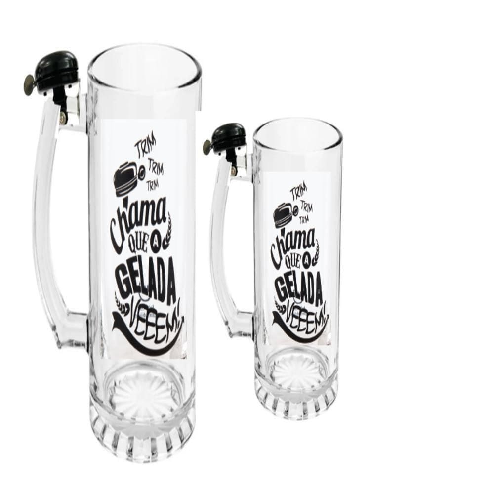 Kit Caneca Chopp Campainha Chama Sino Vidro Premium Copo De Vidro Cerveja 450ml