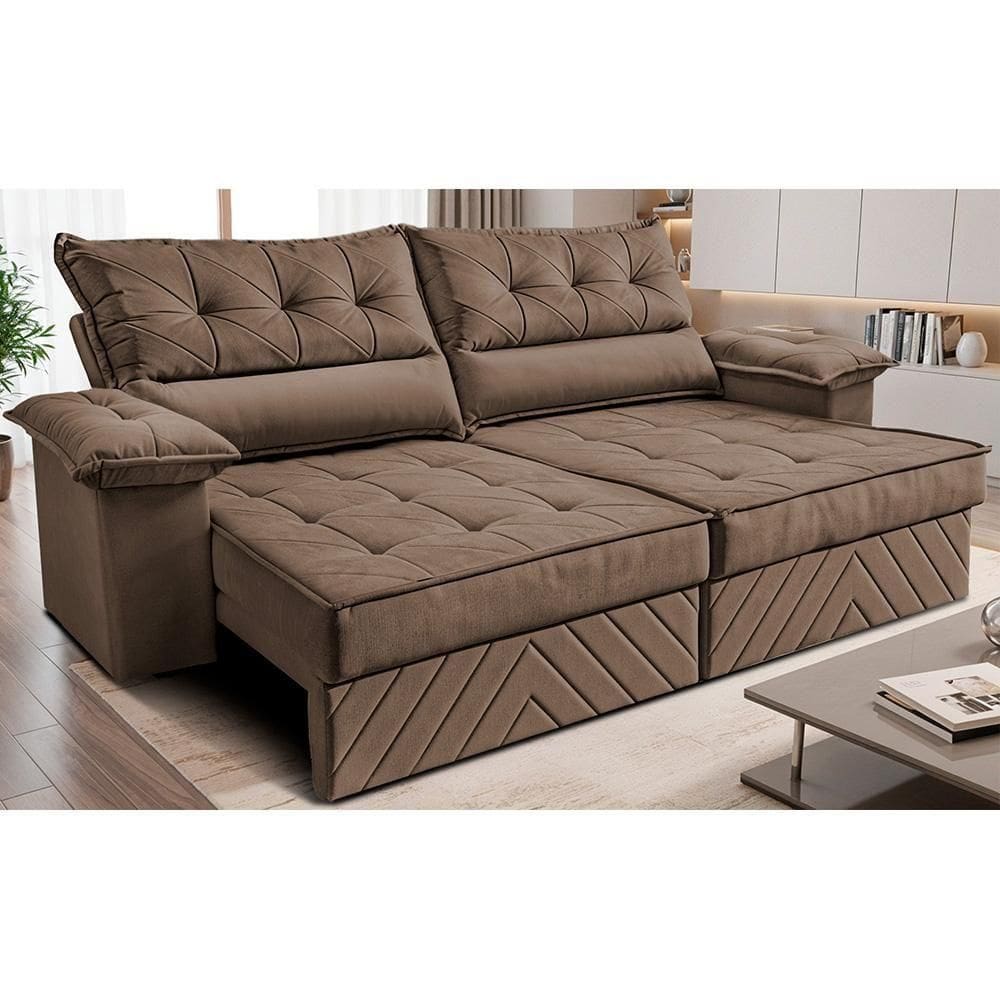 Sofá Retrátil E Reclinável 2,10m Com Molas E Espuma D33 Thunder. Velusoft Cama Inbox Castor