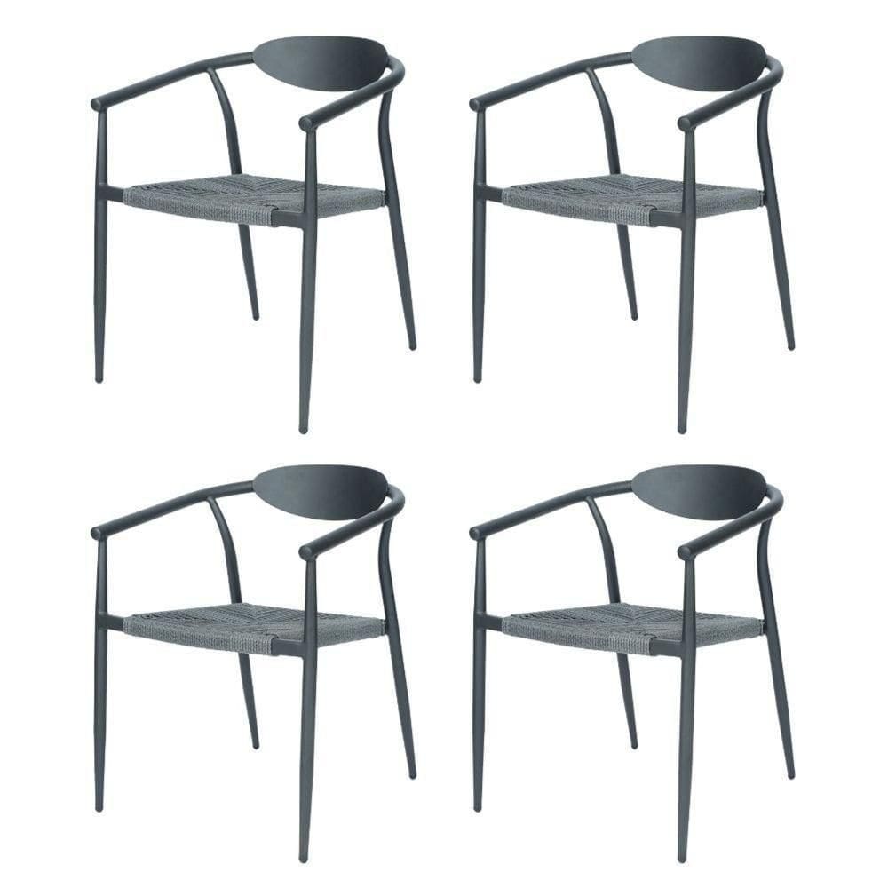 Kit 4 Cadeiras Empilhável Isla Fratini Em Alumínio Preto Assento Com Trama De Corda Náutica Preto