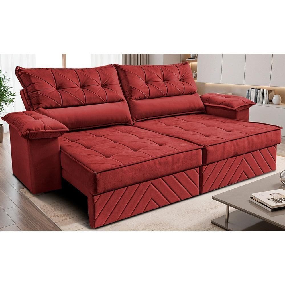 Sofá Retrátil E Reclinável 2,40m Com Molas E Espuma D33 Thunder. Velusoft Cama Inbox Vermelho