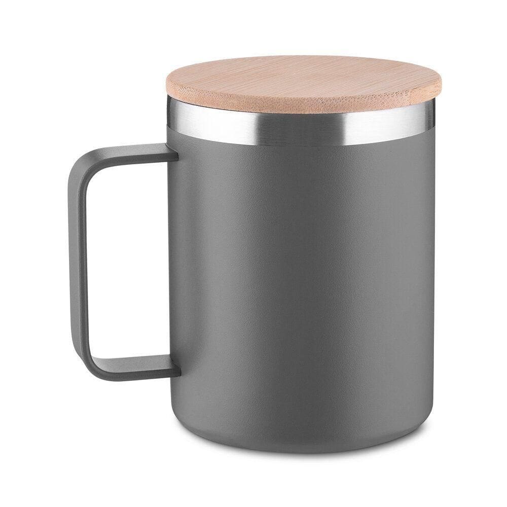 Caneca Térmica 400ml Em Inox Reciclado Com Tampa De Bambu - Cinza E Elegante