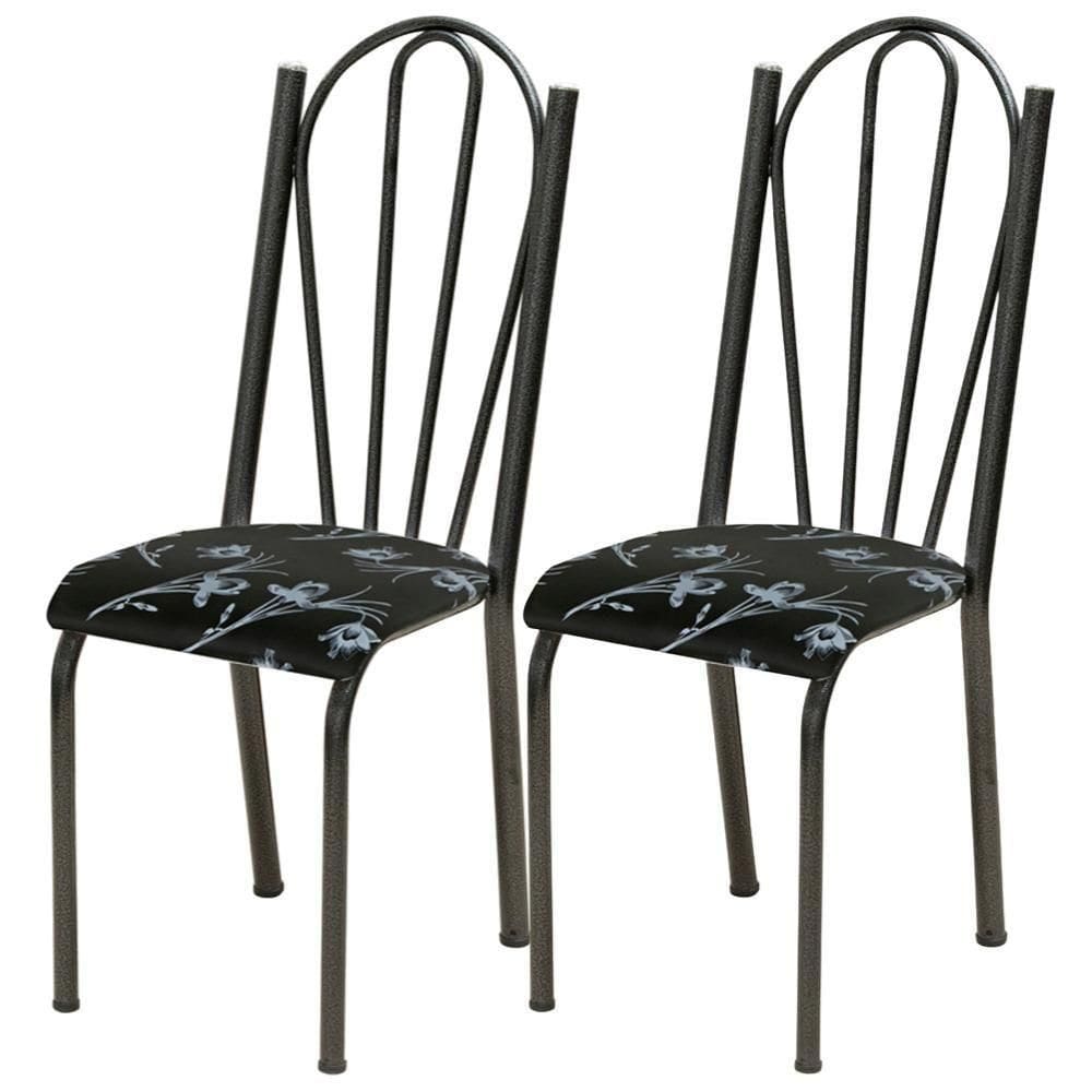 Kit 02 Cadeiras Tubular America 021 Cromo Preto Assento Preto Flor Artef Preto Flor