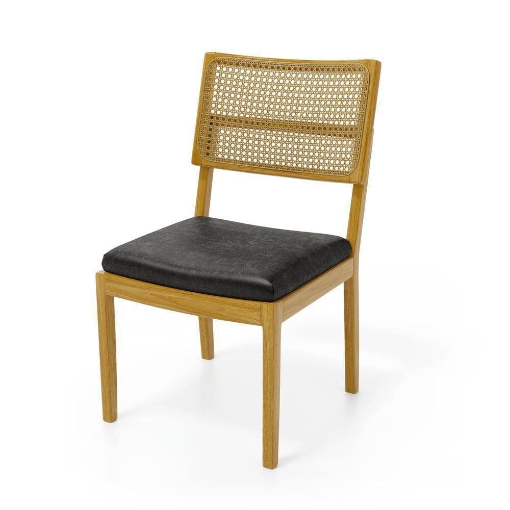 Cadeira Milena Madeira Maciça Assento Estofado Encosto De Tela Palha Sextavada Courino Preto 503