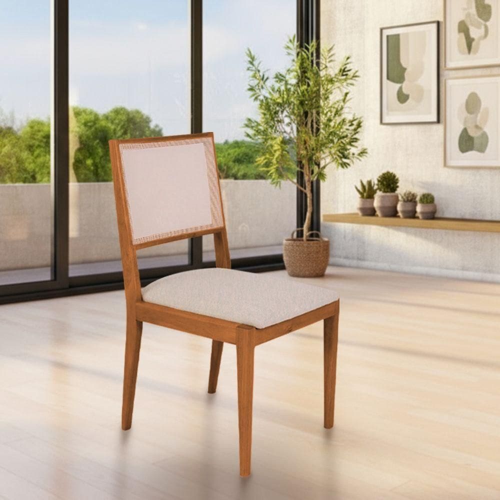 Cadeira De Jantar Estofada Suellen Em Madeira E Mdf Cerejeira Linho Bege