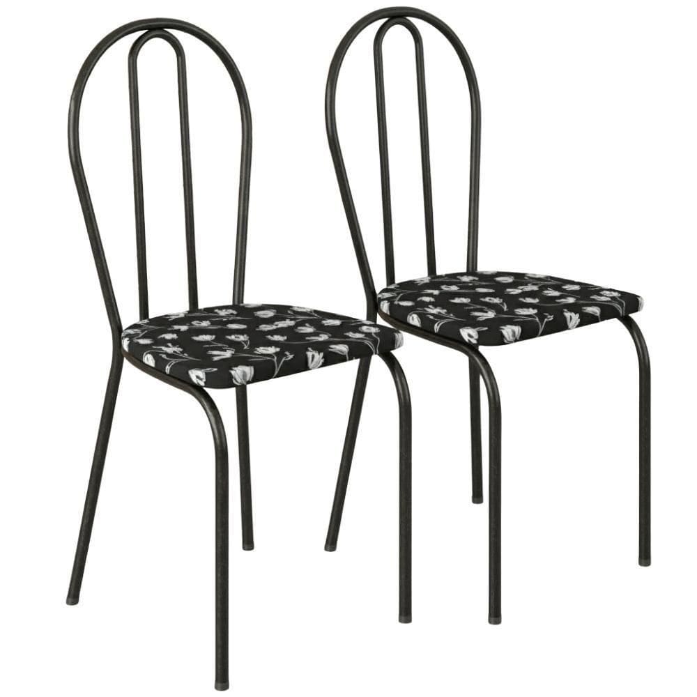 Kit 02 Cadeiras Tubular America 004 Cromo Preto Assento Preto Flor Artef Preto Flor