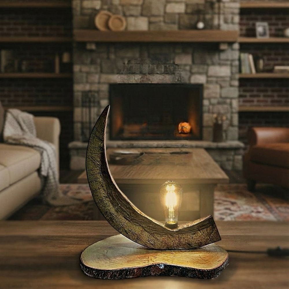 Luminária Rústica Mesa-Madeira-Meia Lua E27 Bivolt 39x37cm