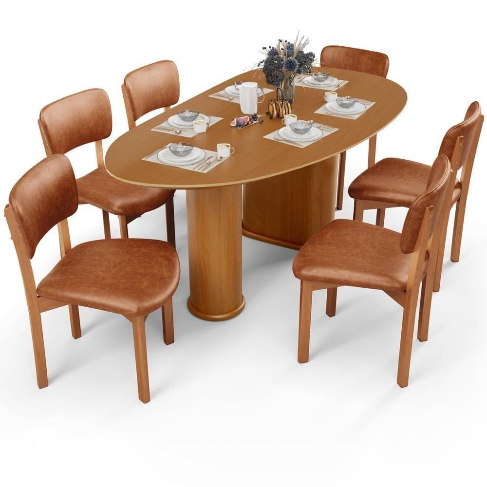 Mesa Para Sala De Jantar Ourense Com 06 Cadeiras Sala De Jantar Dara L02 Couríssimo Camel - Lyam Decor