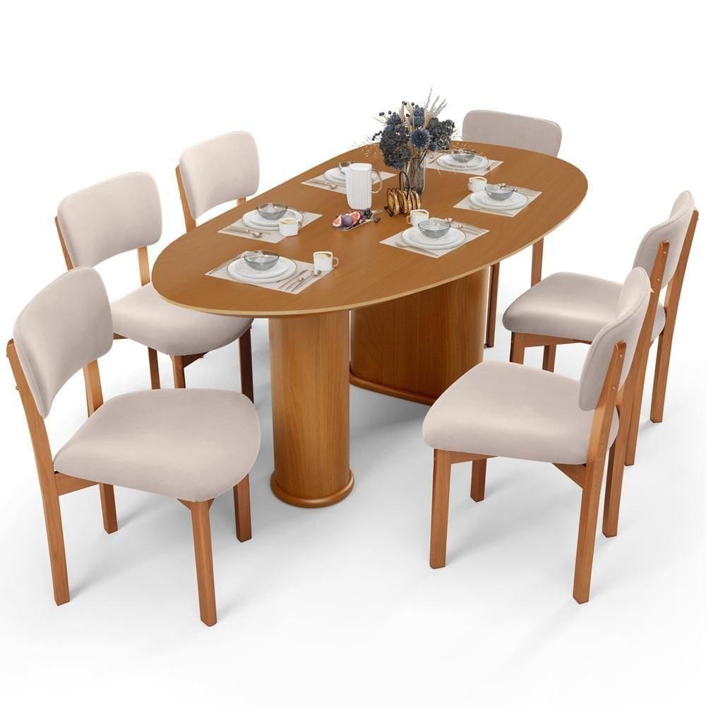 Mesa Para Sala De Jantar Ourense Com 06 Cadeiras Sala De Jantar Dara L02 Suede Bege - Lyam Decor