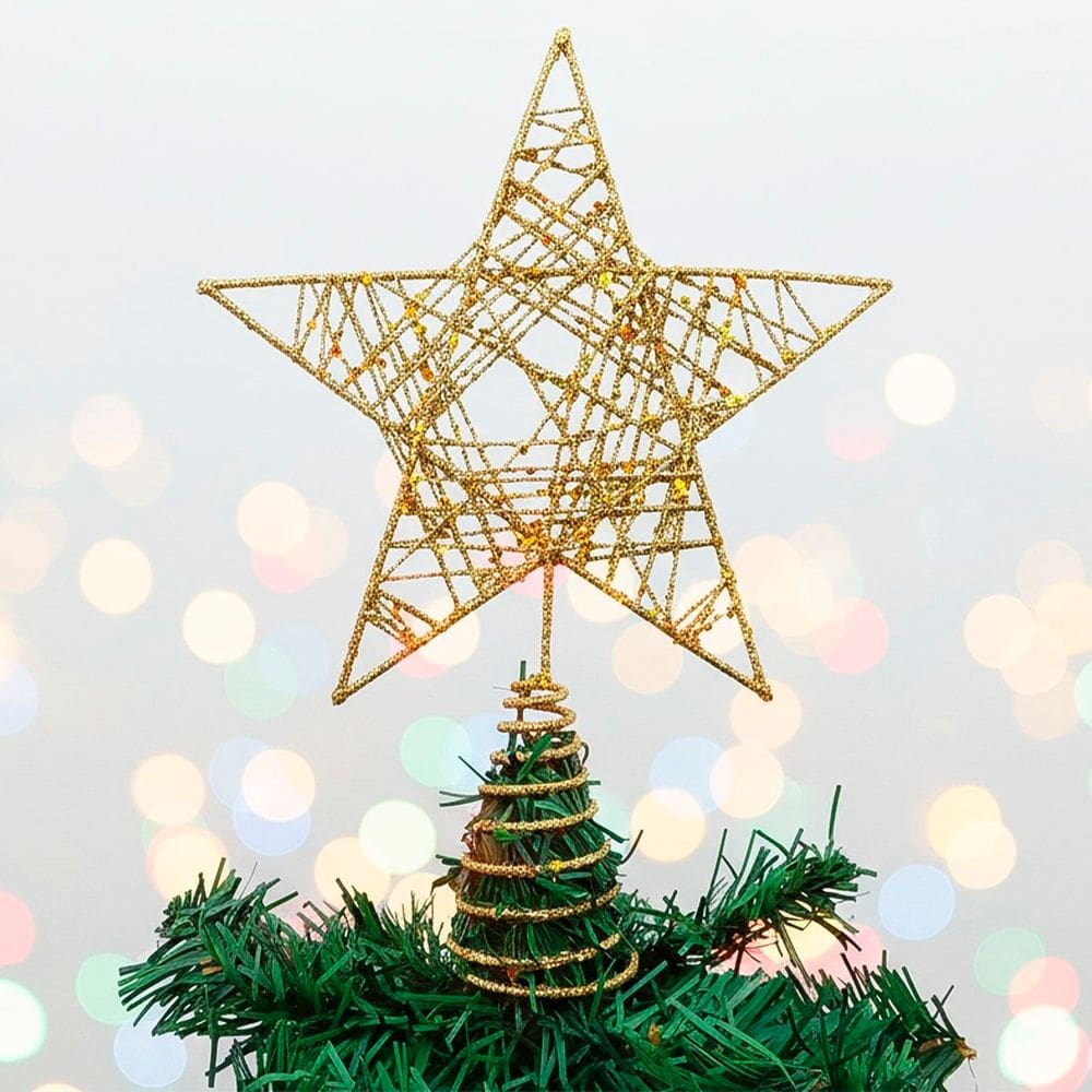 Ponteira Estrela Enfeite Árvore De Natal Gliter Dourado 24cm