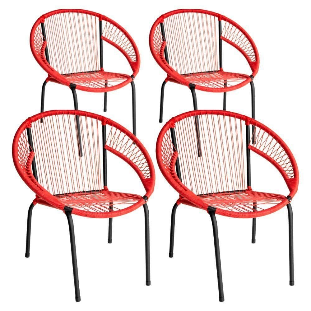 Kit 4 Cadeira De Área Eclipse Tramado Fibra Sintética E Aço Vermelho