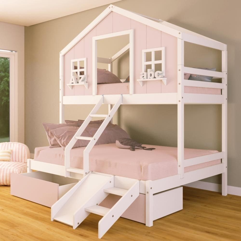 Beliche Casal/ Solteiro Casinha Sonhos 02 Gavetas Rosa Kit Escada/ Escorregador Madeira Maciça Rosa/ Branco Housin
