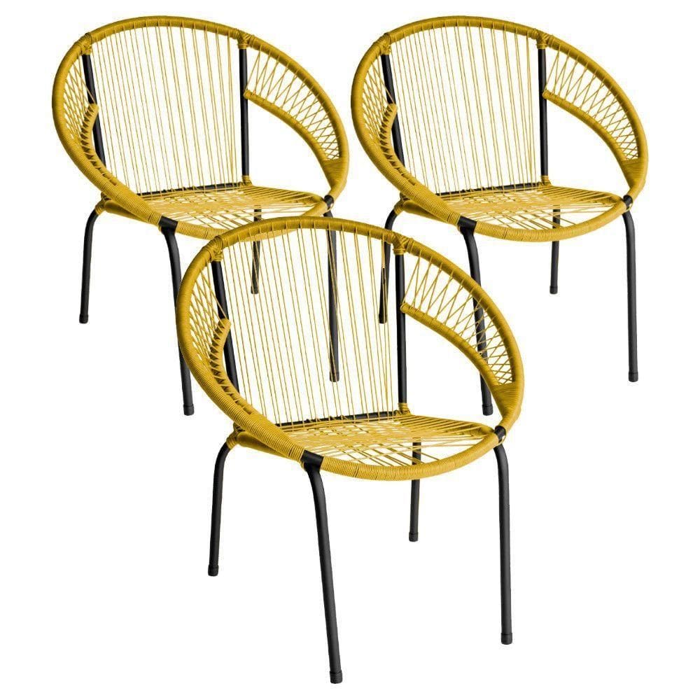 Kit 3 Cadeira De Área Eclipse Tramado Fibra Sintética E Aço Amarelo