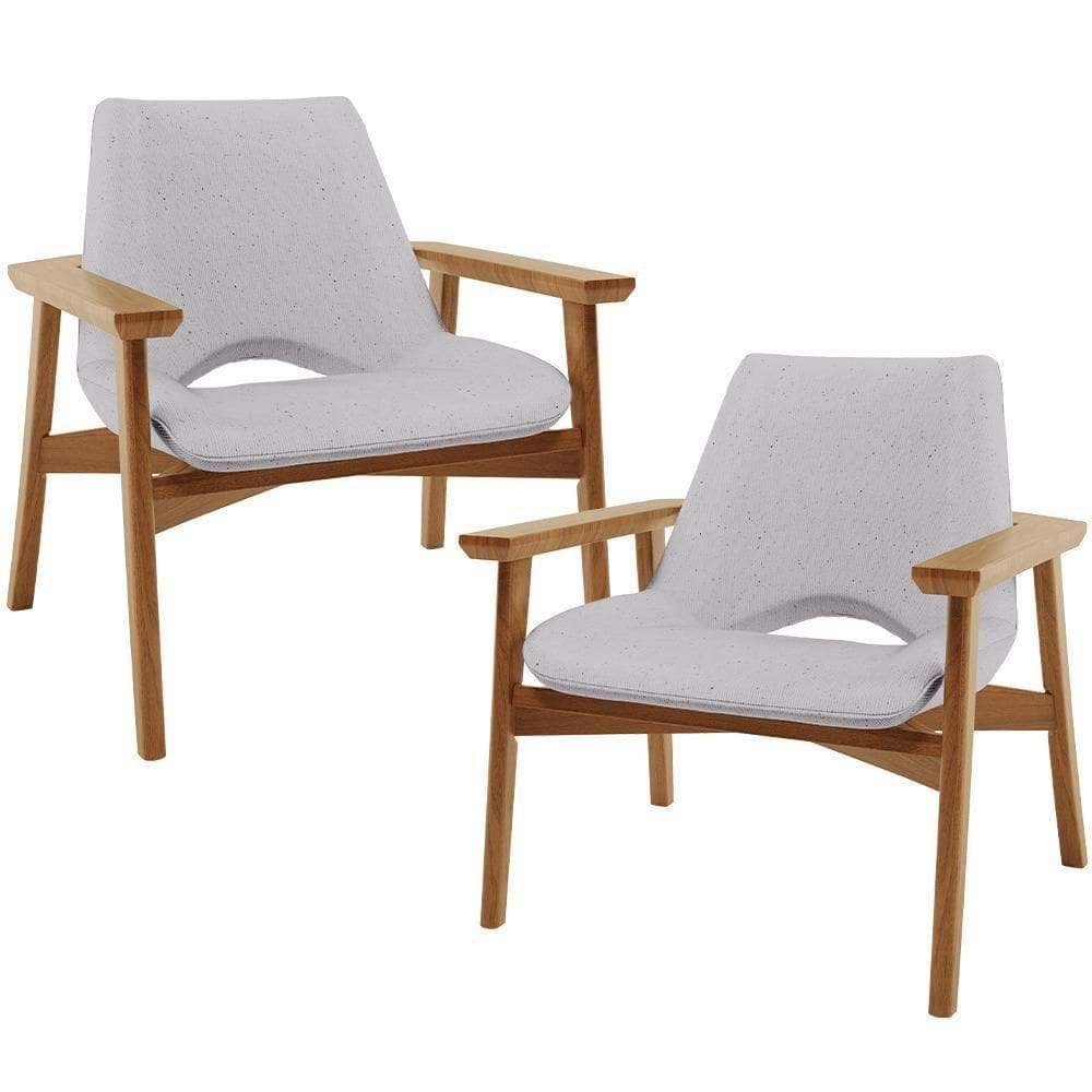 Kit 02 Poltronas Decorativa Living Base Madeira Becker L02 Linho Cinza