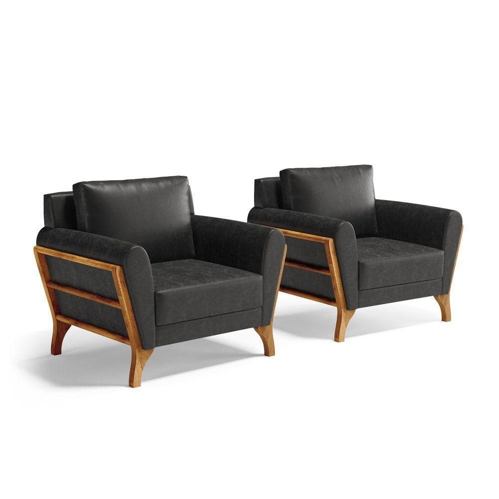 Kit 2 Poltronas Sabrina De Madeira Maciça Com Almofada Courino Preto 503