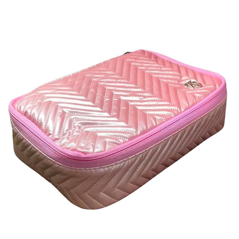 Bolsa Necessaire Estilo Matelassê Chevron Metálico Cor:Rosa