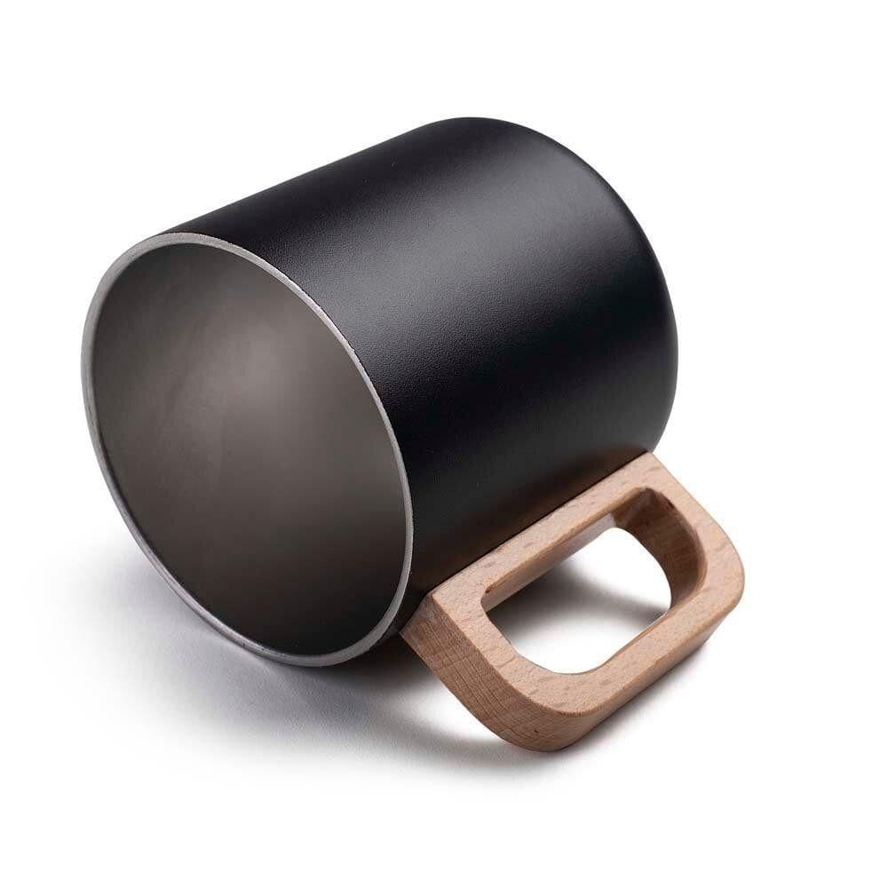 Caneca Térmica 400ml Com Alça De Bambu - Dupla Parede Inox Preta