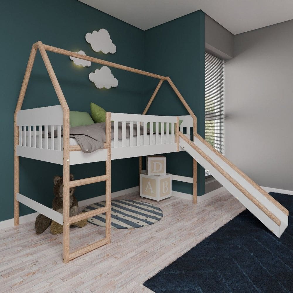 Cama Cabana Elevada Infantil com Escorregador Arredus Branco/Natural