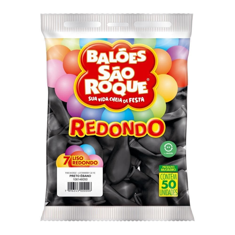 Balão Bexiga São Roque Liso Nº7 Redonda C/50 Preto Ebano