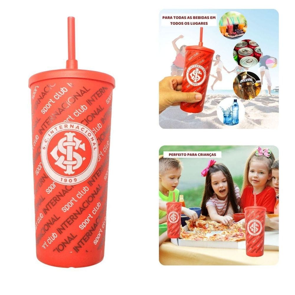 Copo Plástico Vermelho Tampa Canudo 500Ml Infantil Bebidas