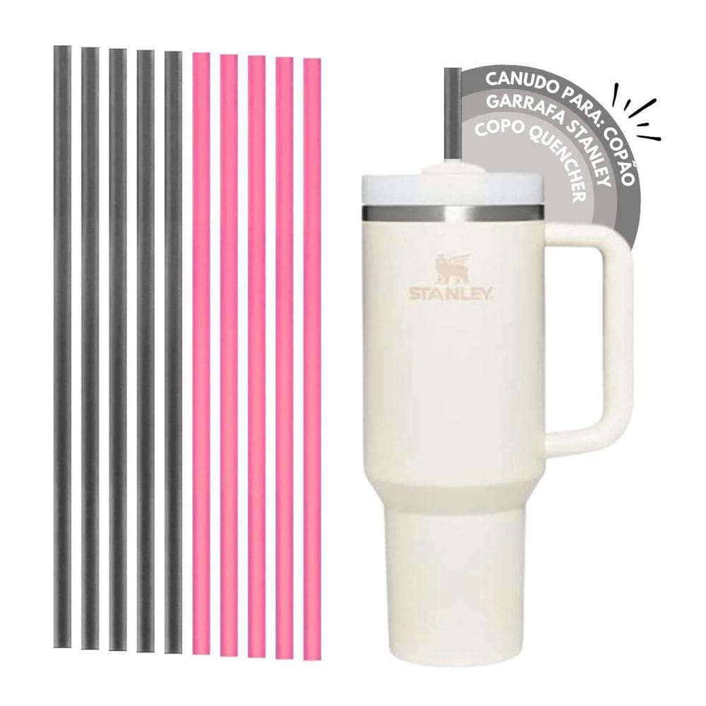 Kit 5 Canudo Preto + 5 Pink Plastico Reutilizavel 31Cm Copão