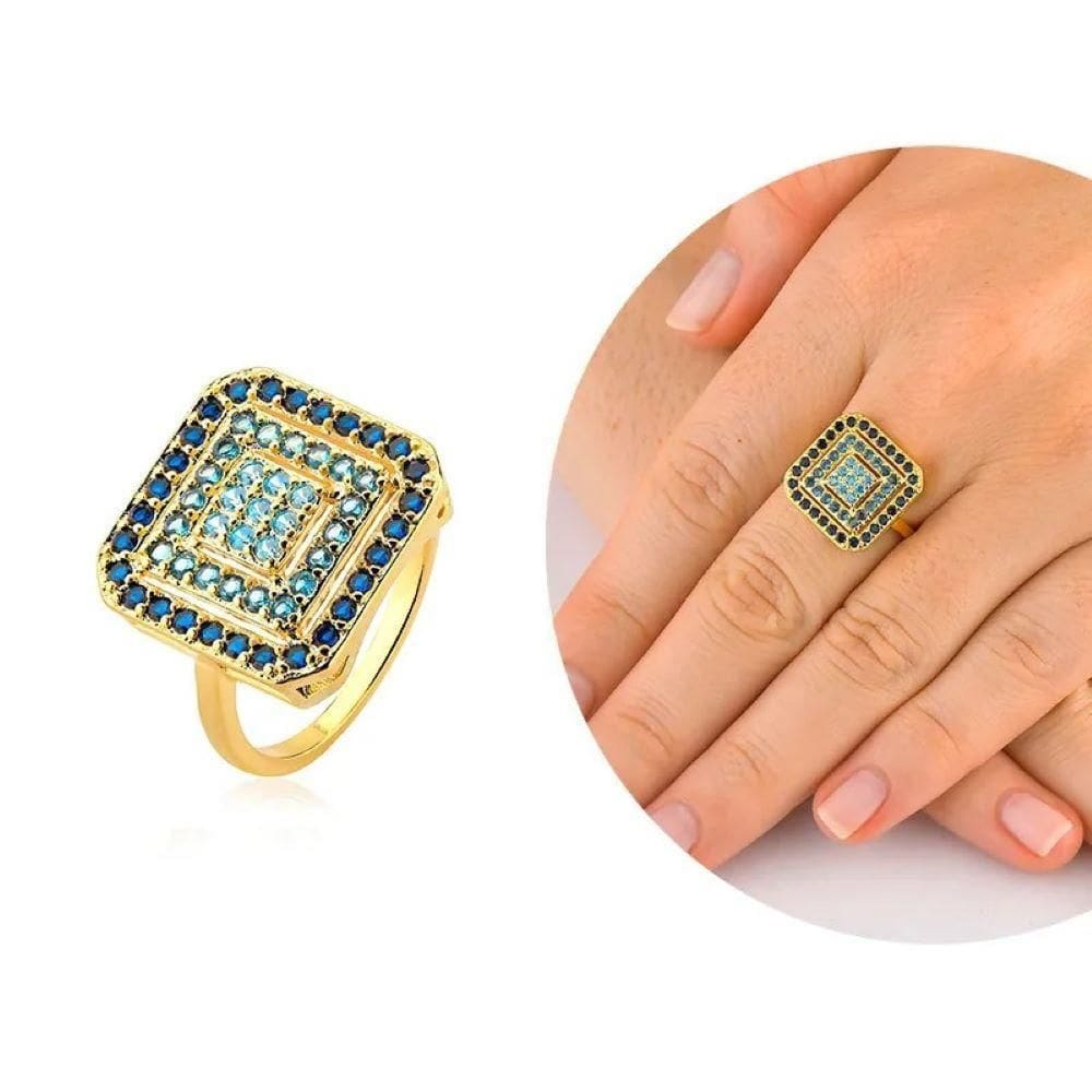 Anel Quadrado Degradê Cravejado Zircônias Coloridas Dourado