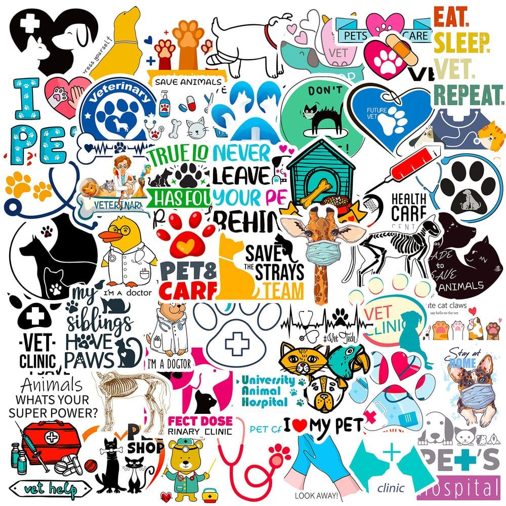 Pacote de adesivos Veterinary English Anime Waterproof Vinyl x50