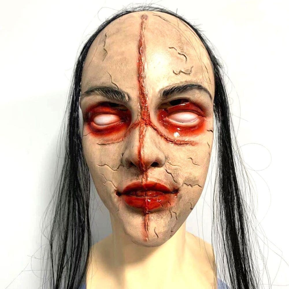 Máscara facial completa Cosplay Ghost Face Headgear com látex de cabelo