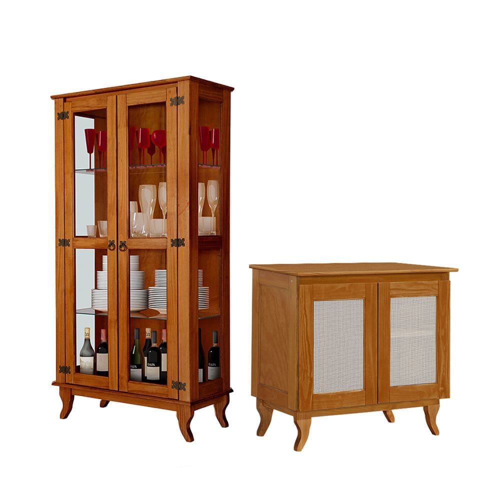 Conjunto Sala de Jantar Cristaleira + Aparador Madeira Maciça Linha Premium Completa - Castanho