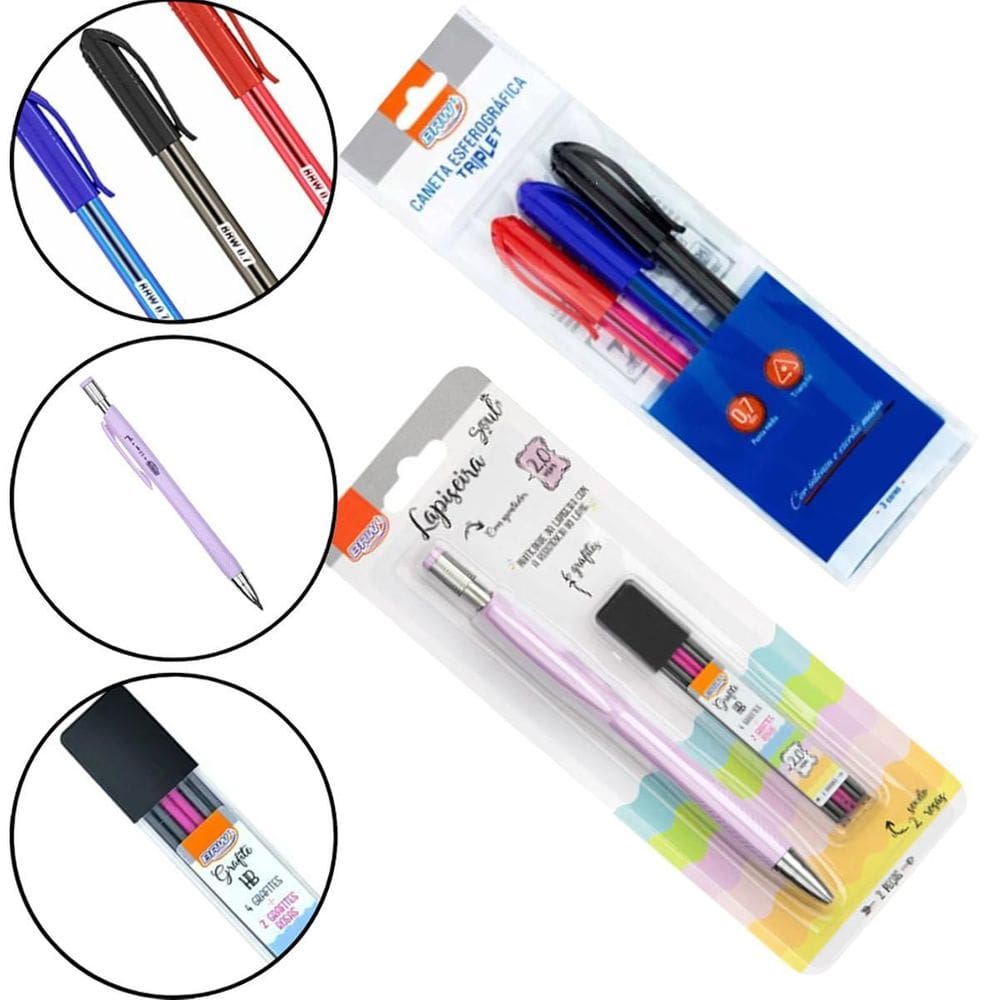 Kit Caneta Esferográfica .7Mm 3Un + Lapiseira Soul Lilás 2Mm