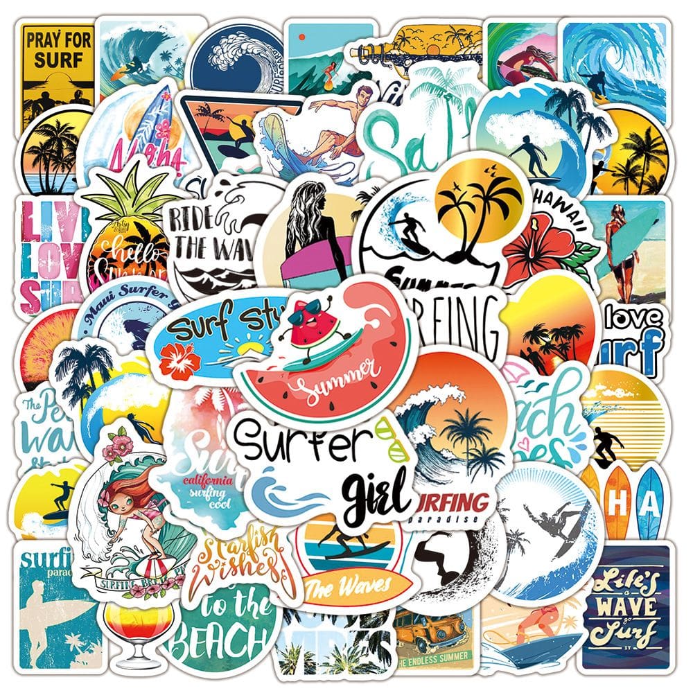 Adesivos Surfings Summers Beachs, vinil impermeável, 50 unidades