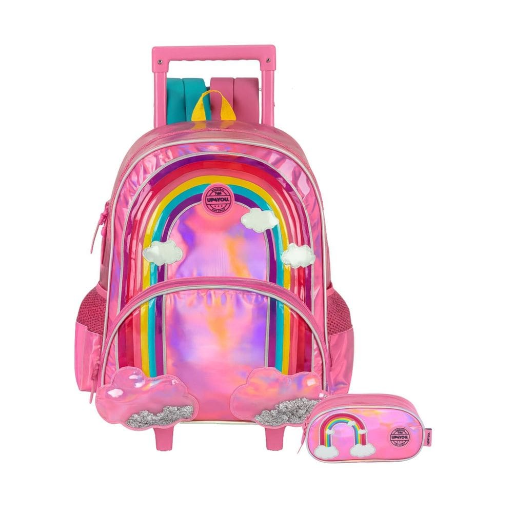 Kit Escolar Arco-Íris Mochila Rodas Costas + Estojo Triplo