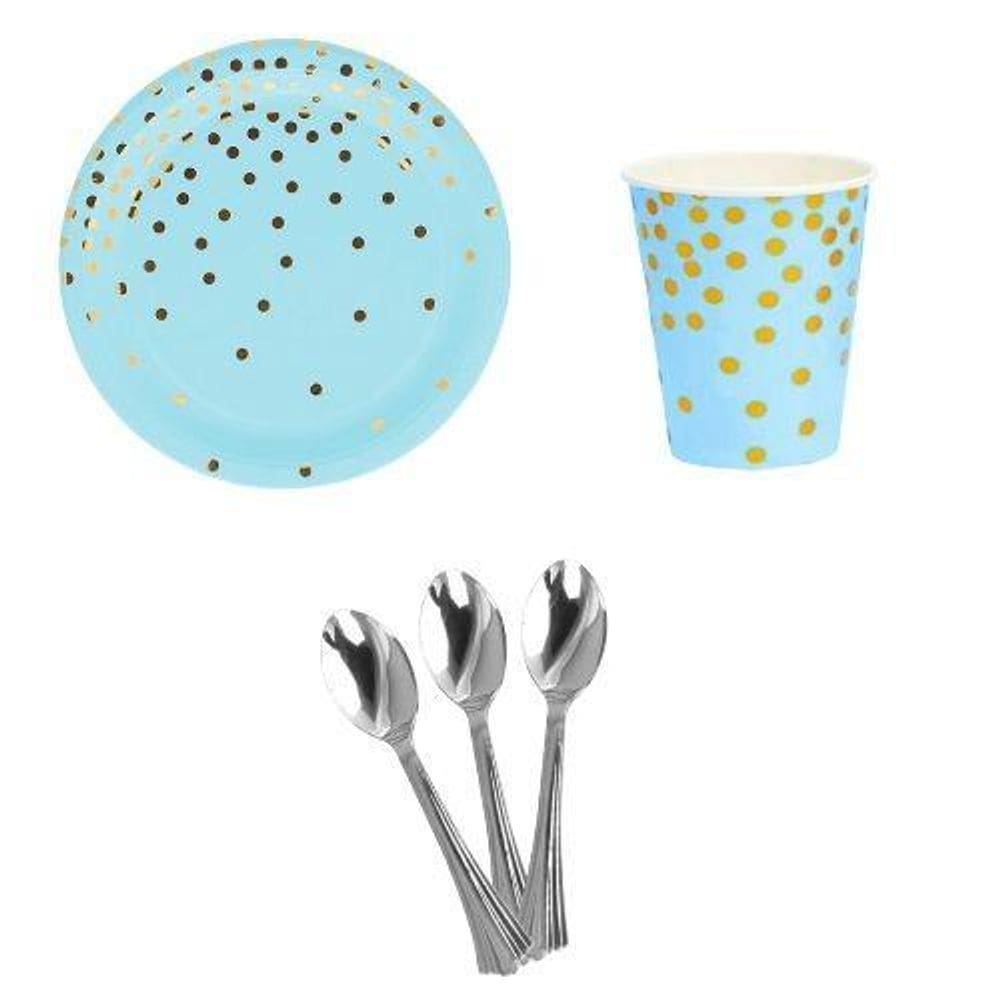 Kit 20 Pratos Copos Descartáveis Papel Colher 14Cm Azul