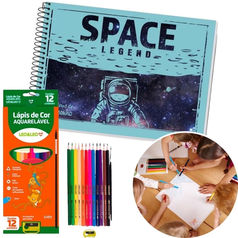 Caderno De Desenho + Lápis De Cor Aquareláveis 12 Cores