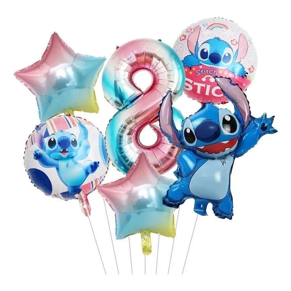 2X Kit 6 Balões Metalizado Lilo Stitch Estrela Tie Dye Númer