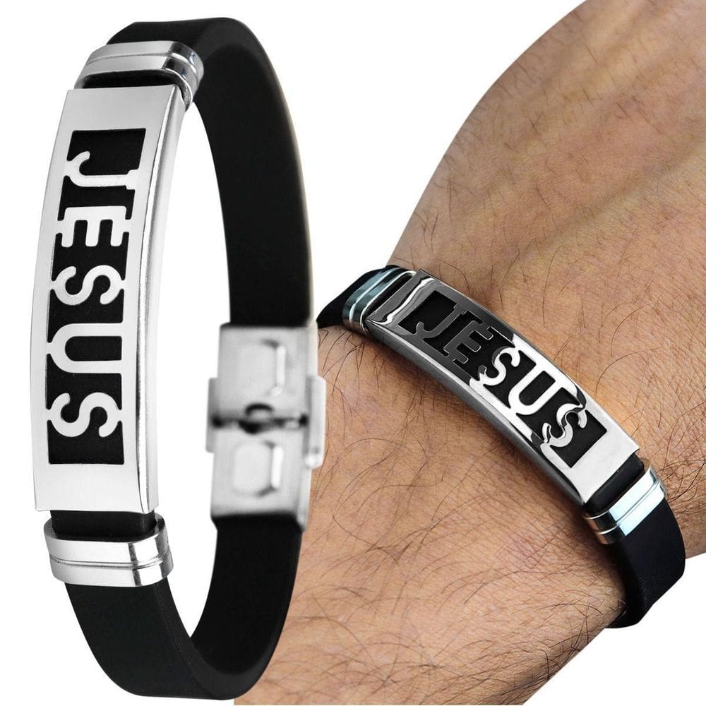 Prata Pulseira Masculina Jesus Cristo + Placa Casual