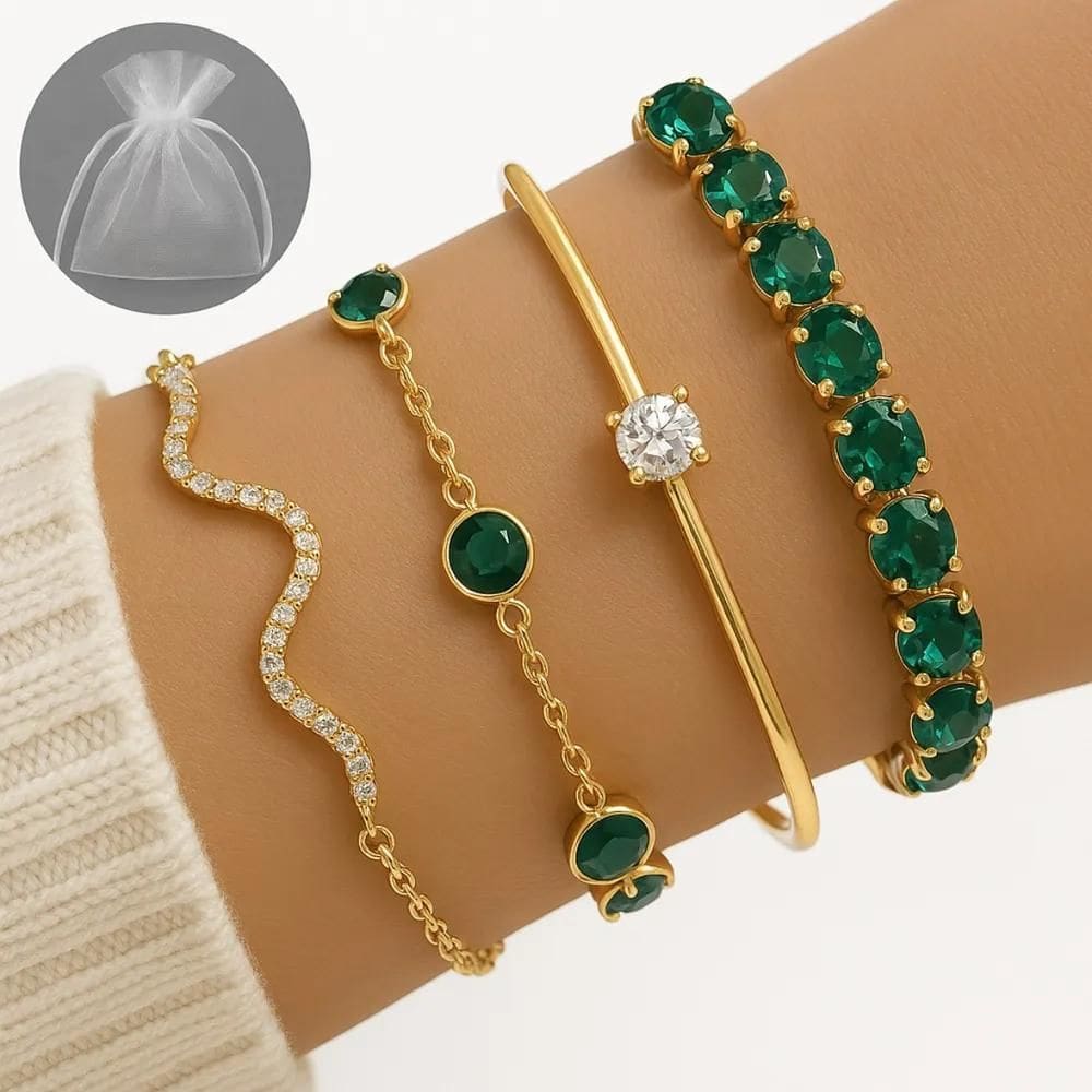 2X Conjunto 4 Peças Pulseira Bracelete Feminina Dourada E Ve
