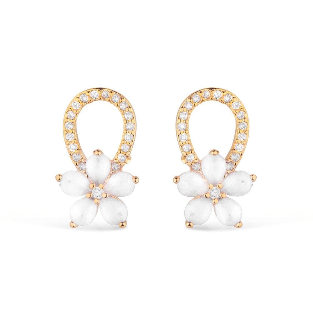 Brinco Dourado De Flor Com Zirconia E Cristal