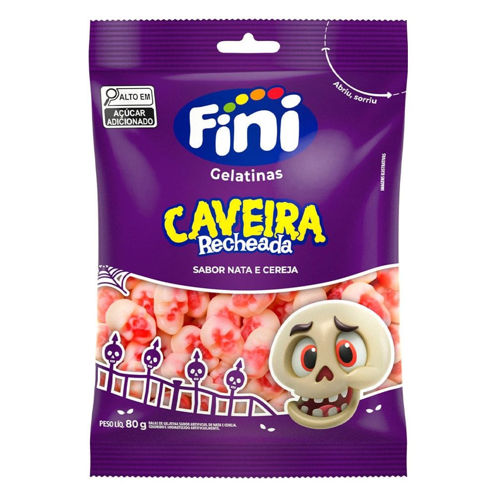 Bala de Gelatina Fini Caveira Recheada Sabor Nata e Cereja 80g