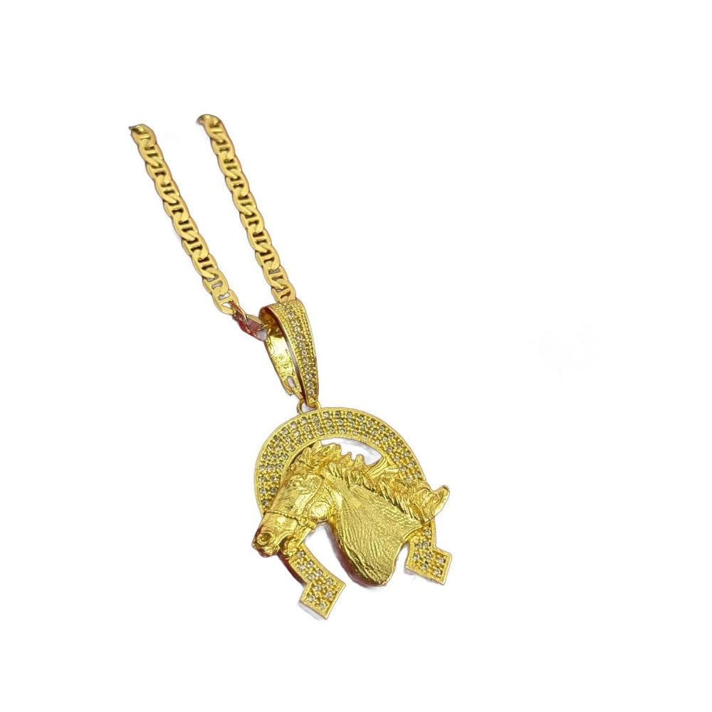 Cordão Piastrine 7Mm + Pingente Ferradura - Banhado A Ouro