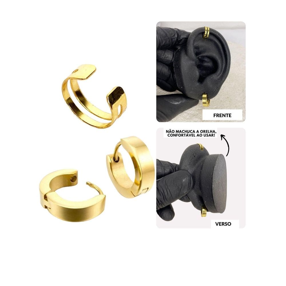 Kit Brinco Argola Furo + Piercing Pressão Orelha Hélix