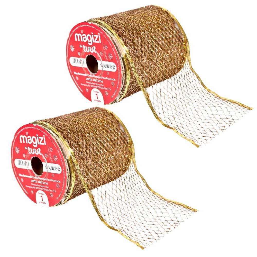Jogo 2 Fitas Aramada Decorativa Natal Dourada Glitter Luxo Telada 10cm x 9m Ideal para Laços, Árvores e Guirlandas