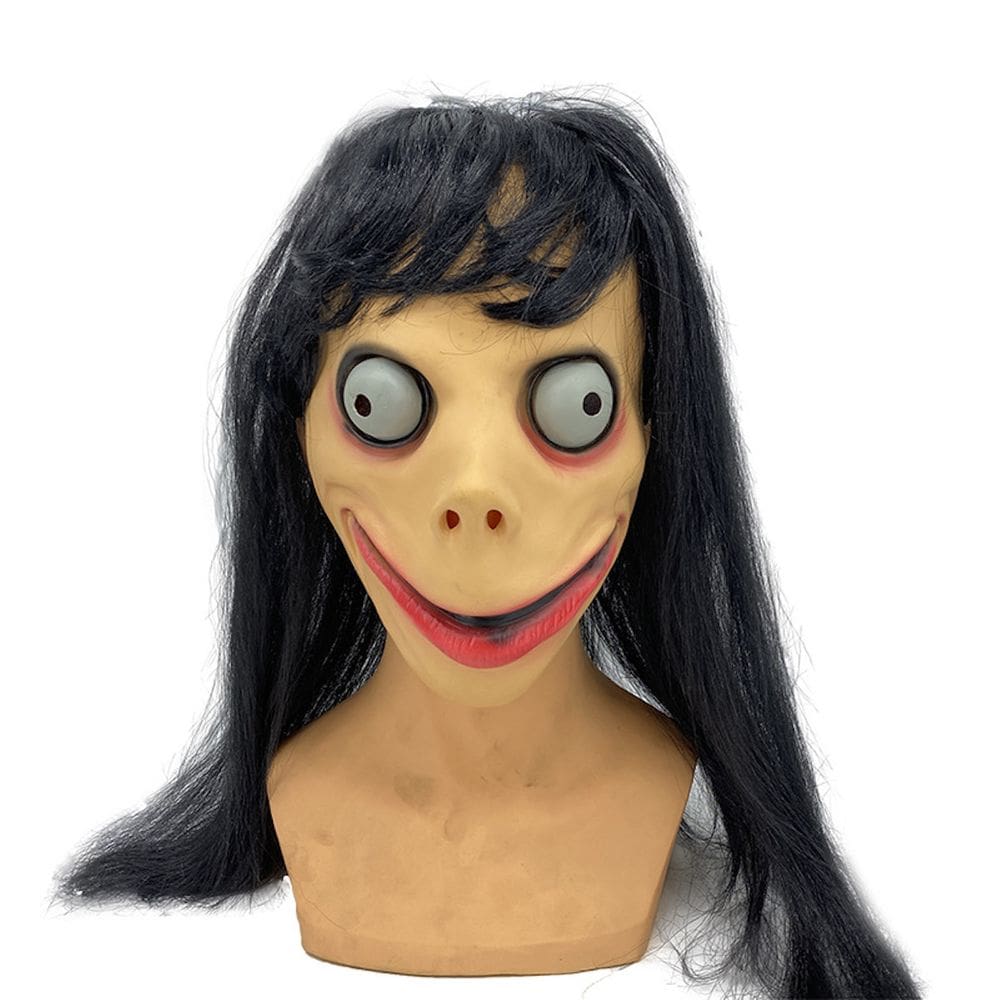 Mask Momo Headgear, cabelo comprido, fantasia assustadora de cosplay de látex