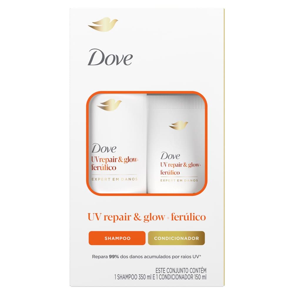 Kit Dove UV Repair e Glow Ferúlico Expert em Danos Shampoo 350ml e Condicionador 150ml