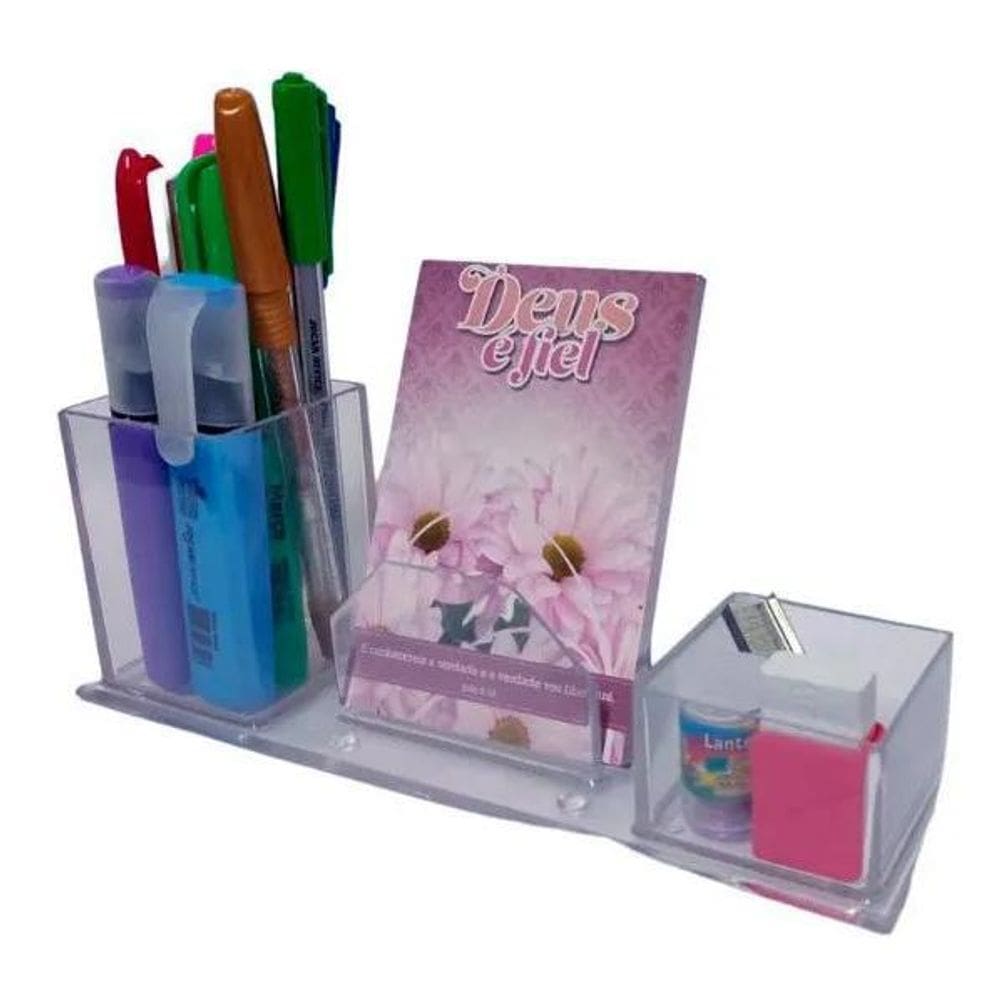 2X Porta Lapís, Caneta, Clips, Lembrete, Cristal, Novacril