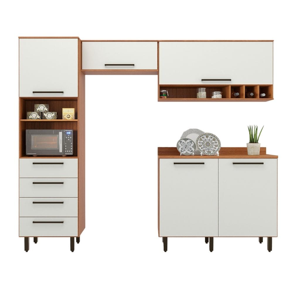 Armário De Cozinha Completa 5 Portas 4 Gavetas Grécia Madeirado/Off White