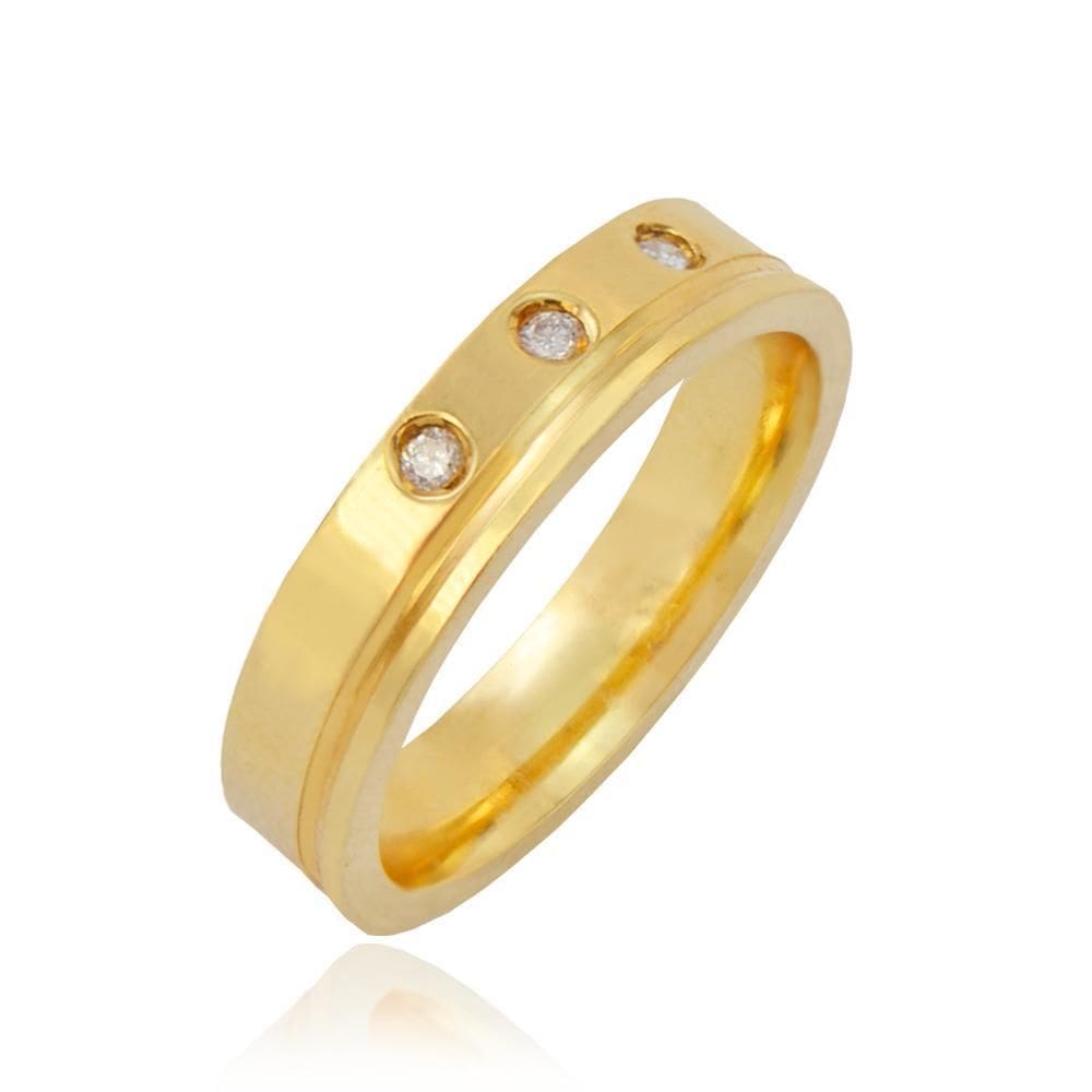 Aliança Reta Anatômica 4Mm Com 3 Brilhantes Em Ouro 18K