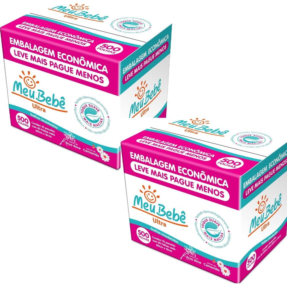 Kit 2 Caixas de Lenços Umedecidos Meu Bebe Utra 1000 Lenços Hipoalergenicos